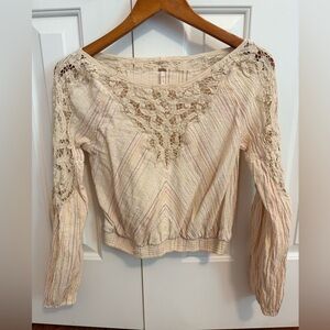 Free People Womens Cotton Crochet Floating Memories Stripes Top Sz XS